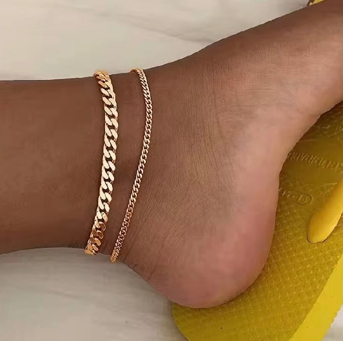Golden Hour: 14K Gold Plated – Dainty & Chunky Layered Ankle Bracelet Set  for Women, Stackable Cuban Link Chain, Non-Tarnish Trendy Jewelry Gift