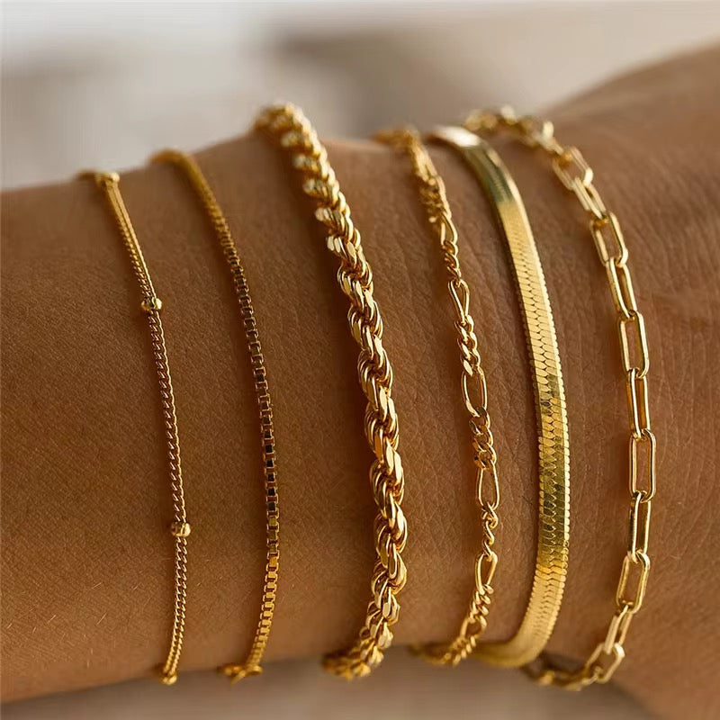 Golden Glow: 14K Gold-Coated Dainty Bracelet Set for Women – Stackable Cuban & Paperclip Chains